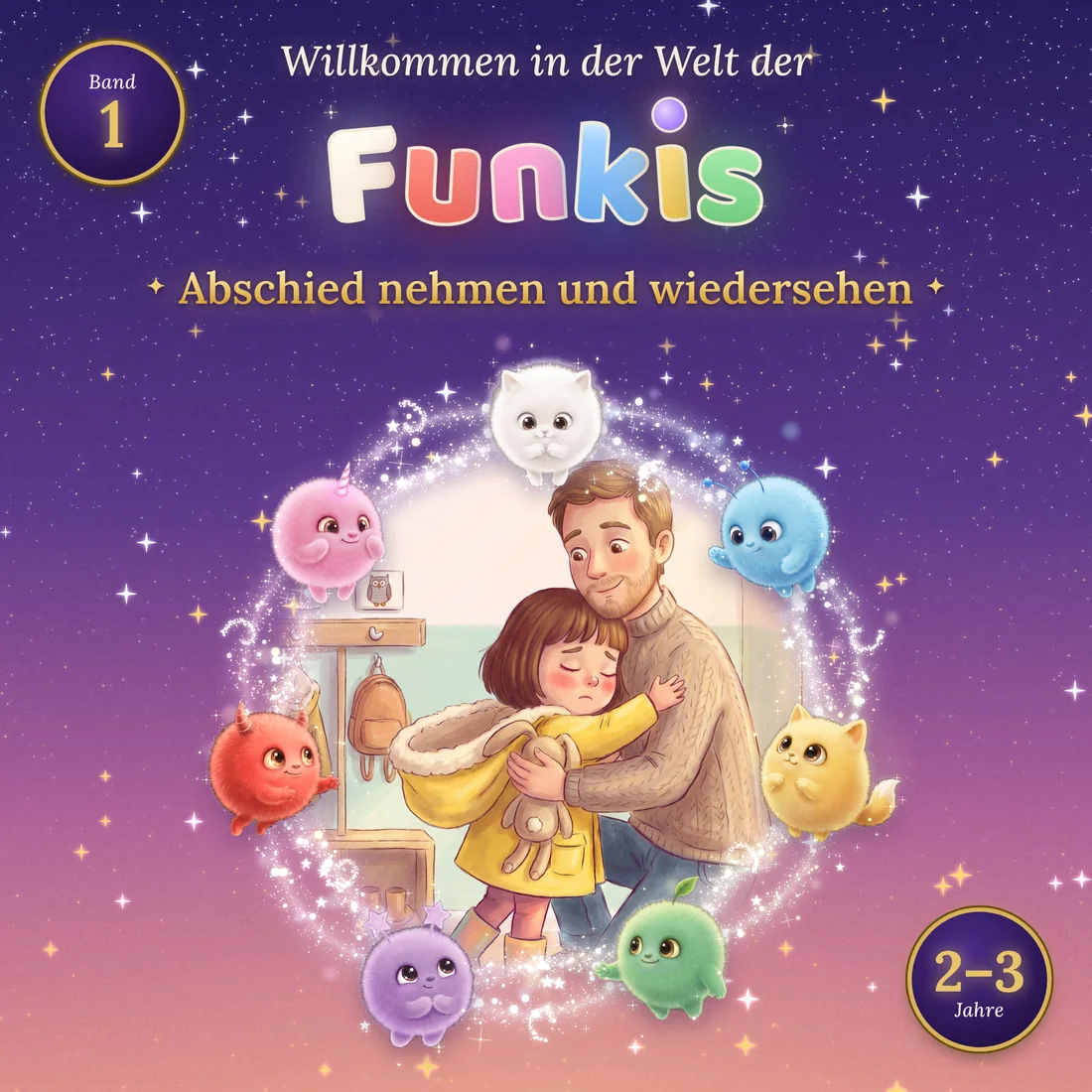 Cover von Band 1, Abschied nehmen und wiedersehen: Mila umarmt ihren Papa, um sie herum schweben die sieben Funkis